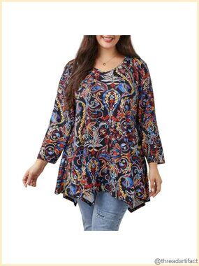 Plus Size Floral Tunic Top 3/4 Sleeve Loose Fit Blouse Casual Fall Womens